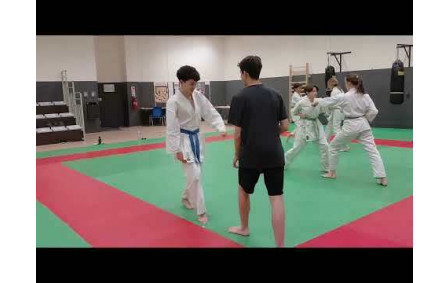enchainement mae geri-tsuki en déplacement position zenkutsu dachi